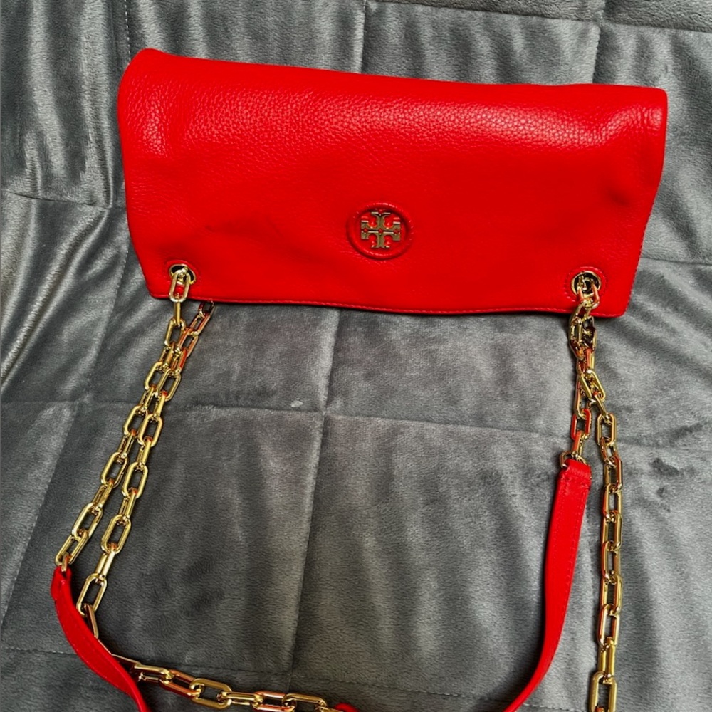 Tory Burch Vibrant Orange Clutch with Gold Chain